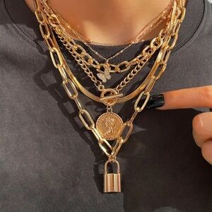 Fashion Jewelry Layered Gold-Tone Coin & Padlock Necklace Set